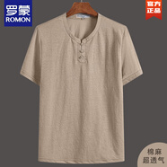 羅蒙（ROMON）高端中年夏季男士短袖T恤棉麻中老年國風(fēng)爸爸夏裝2025新款上衣服 99810卡其色【棉麻超透氣】 上衣 XL 52XL 126-140斤穿