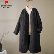 皮爾卡丹（pierre cardin）復古菱格長(cháng)款棉衣女秋冬輕薄服大衣內膽過(guò)膝夾棉外套 黑色 M 【90-115斤】