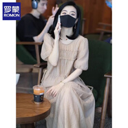羅蒙（ROMON）高級感紗料連衣裙女2025年夏季新款高端輕奢寬松減齡短袖拼接長裙 杏色 M 建議110-120斤