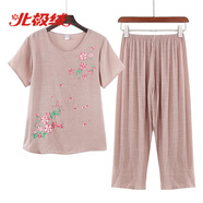 北極絨（Bejirog）薄款絲麻兩件套衣服夏季60老年媽媽休閑短袖女70太婆套裝80歲奶奶 卡其色 2XL (建議105-120斤)