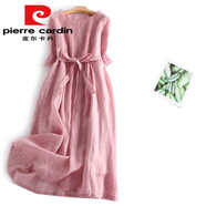 皮爾卡丹（pierre cardin）意大利高端品牌余單女風(fēng)琴褶苧麻仙女裙大擺棉亞麻連衣裙 粉色(少量現(xiàn)貨)今年流行的輕奢品 M 【建議90-110斤】
