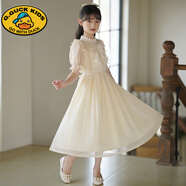 G.DUCKKIDS女童夏裝2025新款兒童連衣裙中大童夏季長款公主裙小女孩雪紡裙子 香檳色(搭配頭飾) 140 cm