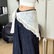途尊重工蕾絲花邊三角巾女夏季小眾設計感網(wǎng)紗配牛仔褲子疊穿白色屁簾 米白橫桿大花款