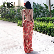 LIIS海外高端品牌ITSNIKAR復古紅色碎花連衣裙女夏性感掛脖吊帶裙海邊 復古紅 M