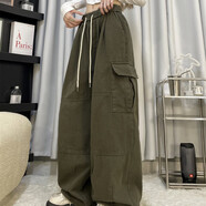 俞兆林（YUZHAOLIN）美式束腳工裝褲女春秋季辣妹嘻哈寬松直筒闊腿褲顯瘦休閑長(cháng)褲潮流 軍綠色 XL