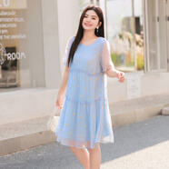 慕姍詩(shī)怡（MsShe）【天絲棉刺繡皺感氣質(zhì)感連衣裙】MsShe大碼女裝2025夏裝胖mm 水晶藍(lán)色現(xiàn)貨 3XL
