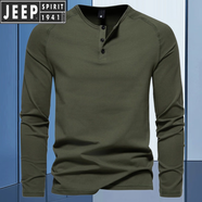 JEEP SPIRIT秋季男士純色亨利領(lǐng)長(cháng)袖T恤青年歐美簡(jiǎn)約彈力修身純色百搭打底衫 軍綠色 XL