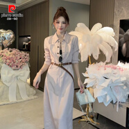 皮爾卡丹（pierre cardin）鹽系輕熟風襯衫裙洋裝女春秋季新款修身收腰顯瘦工裝長裙子 粉色常規(guī)衣長110 腰帶+絲巾 S 75-90斤