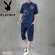 花花公子（PLAYBOY）夏季麻短袖青年輕佛系套裝新中式禪修服居士禪意T恤衫 T104杏 H1687藏青色/冰絲料(短袖+短褲) M