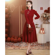 訂婚禮服女Rsemnia中式甜美風(fēng)旗袍敬酒服酒紅色小個(gè)子高端訂婚禮 酒紅色長(cháng)袖中長(cháng)款 XL