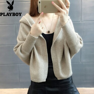 花花公子（PLAYBOY）短外套毛衣2025春裝新款女長(cháng)袖寬松帶帽針織衫早秋冬開(kāi)衫厚蝙蝠衫 淺咖 S 建議85-95斤