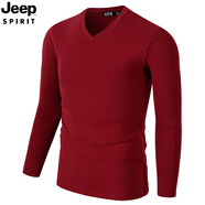 JEEP SPIRIT吉普男士莫代爾長(zhǎng)袖T恤修身V領(lǐng)凈色緊身體恤男裝打底衫上衣服秋冬 暗紅色 M 100斤左右穿