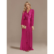 烏拓高檔歐美晚禮服新款多色長(cháng)袖V領(lǐng)魚(yú)尾宴會(huì )洋裝女 玫紅色 S