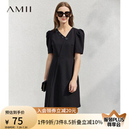 AMII夏季新款泡泡袖連衣裙女通勤斜V領(lǐng)赫本裙法式裙子小黑裙12230067 黑色 S 155/80A