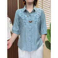代勒高檔女夏季新款五分袖刺繡襯衫復(fù)古小衫女大碼時(shí)尚襯衣女套裝 湖藍(lán)色上衣 XL 80-110斤
