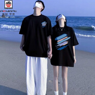 AEMAPE情侶裝衣服一女一男情侶款夏情侶裝夏季潮流t恤短袖高級感網(wǎng)紅 [短袖]藍條紋 男黑+女黑 男XL+女XL（XL建議135-150斤 男女同碼