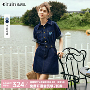 Olrain歐芮兒法式牛仔連衣裙女夏新款復(fù)古收腰小個子愛心刺繡裙子 牛仔藍 XL