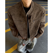 凌泊扎染正肩短款工裝PU皮夾克男加加大碼潮帥胖子寬松機車服秋季外套 咖色 M