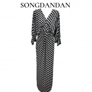 【DDS】秋款V領(lǐng)蝙蝠袖高腰七分袖連衣裙 白色 2XL