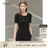 AMII夏新款短袖T恤女正肩設計感不規(guī)則褶皺開叉莫代爾上衣 黑色 165/88A/L
