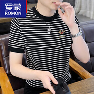羅蒙（ROMON）品牌夏季針織短袖t恤男士2025新款冰絲條紋圓領(lǐng)體恤男款打底衫T 黑色 WE939 4XL 190 (建議160-180斤)