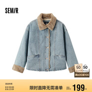 森馬（Semir）牛仔棉服女拼接毛領(lǐng)美式復古2024冬寬松毛邊夾克街頭109724108017