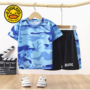 G.DUCKKIDS男童籃球服套裝2024夏季新款男孩假兩件短袖訓練球衣兒童運動服潮 2204套裝藍迷彩 130 cm適合125-130cm7-8歲
