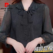 皮爾卡丹V領(lǐng)薄款冰絲長(cháng)袖襯衫女2025春夏季仿桑蠶絲遮肚顯瘦減齡雪紡上衣 黑色小白點(diǎn) 730#（冰涼感） L 80-105斤