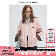 VEGA CHANG毛呢短外套女2025年秋冬新款粉色減齡撞色格子翻領上衣 貝殼粉 L