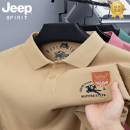 JEEP SPIRIT吉普男士新款刺繡POLO衫半袖上衣夏季純棉商務休閑翻領短袖T恤 卡其【馬盾款】 M -建議90-110斤