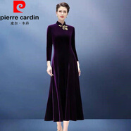 皮爾卡丹（pierre cardin）春秋新款改良金絲絨繡花旗袍連衣裙長(cháng)袖修身顯瘦遮肚過(guò)膝收腰長(cháng)裙 紫色315# 3XL 建議131-145斤
