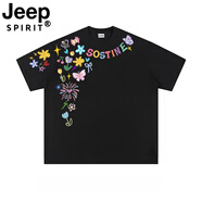 JEEP SPIRIT吉普潮牌涂鴉字母短袖情侶百搭夏季體恤衫 黑色 XL