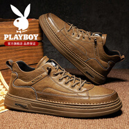 花花公子（PLAYBOY）男鞋秋季新款2025商務(wù)休閑皮鞋子男款厚底增高鞋正裝復(fù)古百搭鞋男 淺棕 39