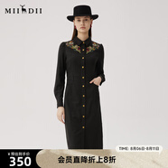 謎底刺繡連衣裙長(zhǎng)袖女2024秋款復(fù)古文藝修身襯衫式長(zhǎng)裙248ML8301 黑色  L