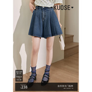 闊色（kuose）復(fù)古高腰百褶牛仔半身裙褲春夏新款女藍(lán)色a字短褲子 藍(lán)色 M