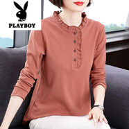 花花公子（PLAYBOY）棉長袖t恤女裝2025秋冬季新款洋氣媽媽打底衫大碼女士內(nèi)搭上衣服 磚紅色 M (建議85-105斤)