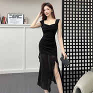 燦沛夜店戰袍女高級感黑色銀絲閃閃網(wǎng)紗連衣裙性感不規則荷葉邊開(kāi) 黑色 S