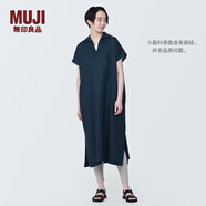 無印良品 MUJI 女式 麻 水洗 開領(lǐng)半袖連衣裙 女裝漢麻裙子夏季 BC2JLA4S 深藏青色 XS 150/76A