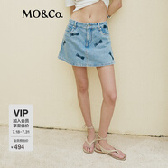 MO&Co.蝴蝶結(jié)洗水印花土耳其牛仔裙褲短褲美式復(fù)古褲子女摩安珂 牛仔藍(lán)色-第2批 XS 25