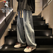 啄木鳥（TUCANO）復(fù)古風(fēng)牛仔褲男款夏季直筒寬松大碼冰絲闊腿褲美式潮流休閑長褲子 復(fù)古藍(lán) 2XL 145至160斤可穿