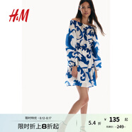 H&M女士花卉連衣裙秋季一字領(lǐng)露肩燈籠袖長(cháng)袖寬松連身裙1238328 白色/藍色圖案 155/80 XS