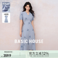 Basic House/百家好夏日休閑系帶收腰顯瘦優(yōu)雅氣質(zhì)V領(lǐng)短袖連衣裙 藍色 M
