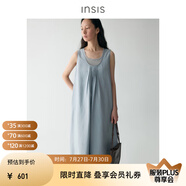 INSISFEMME棉質(zhì)2025夏季款前后兩穿蛋形長裙無袖塔克褶連衣裙女 冰島藍(lán) M