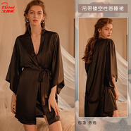 北極絨春夏季新款緞面拼接蕾絲性感美背深V胸墊吊帶睡裙家居服睡衣套裝 黑色外袍 M