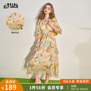 妖精的口袋【花天酒地裙】法式v領(lǐng)碎花連衣裙女2025年夏季收腰顯瘦度假裙子 甜美嫩黃色 L