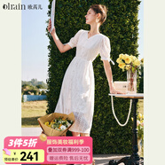 Olrain歐芮兒白色刺繡連衣裙女夏季收腰法式V領泡泡袖a字大擺裙 米白色 L 165/88A