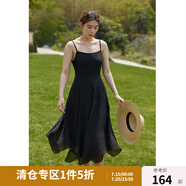 獨束大碼女裝飄逸大擺仙女吊帶連衣裙夏裝新款不規(guī)則荷葉邊裙22DS2582 黑色 L
