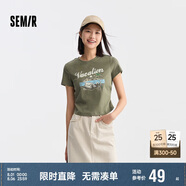 森馬（Semir）短袖T恤女短款設(shè)計(jì)感印花復(fù)古夏季正肩修身上衣107424100004