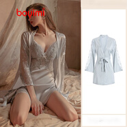 帛依蜜（boYimi）維多利亞性感真絲睡衣女夏季薄款火辣蕾絲吊帶睡裙女誘惑大碼睡袍 清新藍單件睡袍 XL （125-135斤）