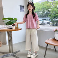 冠琪亮寶貝女童夏季套裝泡泡袖上衣襯衫兒童寬松夏裝九分褲新款闊腿褲潮款 套裝（上衣跟褲子） 130 cm
